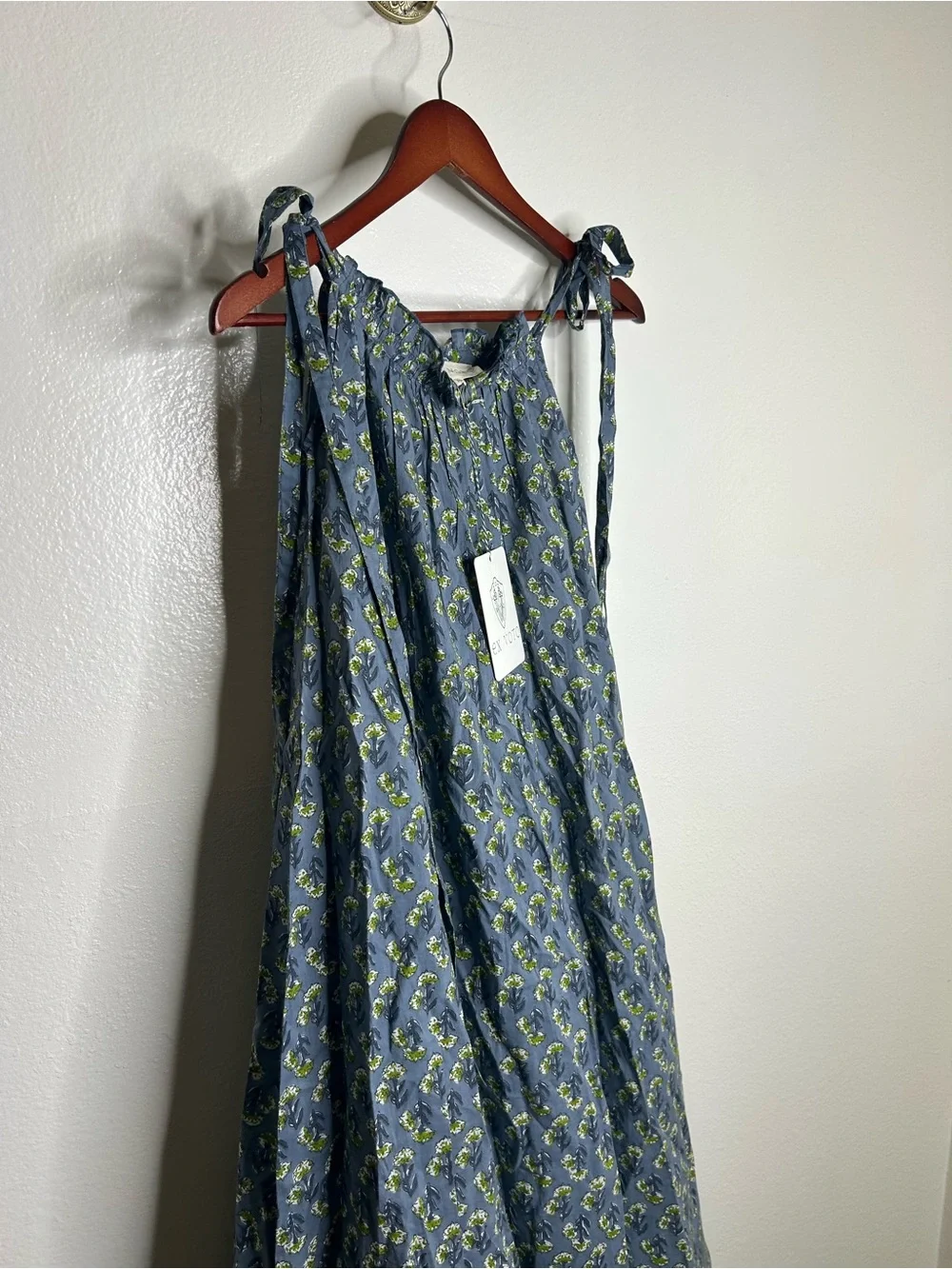 NWT Ex - Voto 100% Cotton Blue Block Print Bohemian Iris Sundress Maxi Flowy